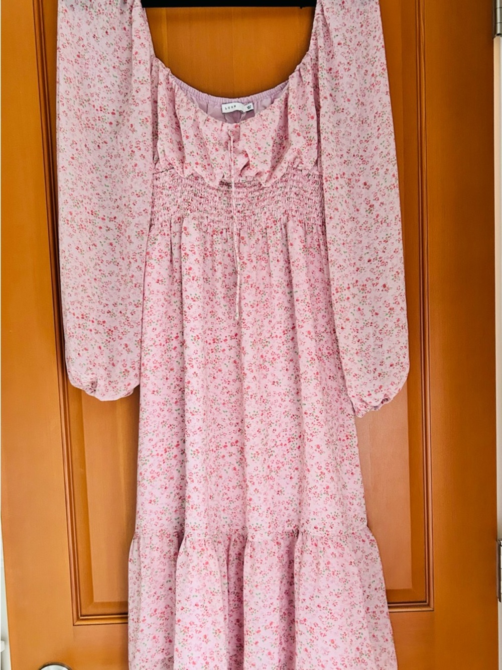 Lush Pink Floral Puff Sleeve Smocked Midi Dress